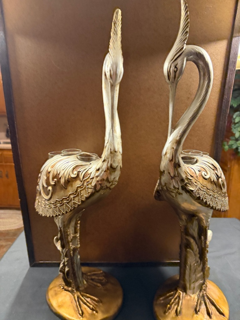 Midnight Velvet Gold-Toned Crane Vases Pair